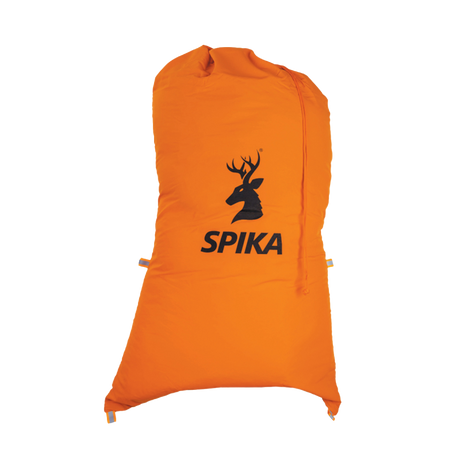 Spika Drover meat bag 3 pack, large blaze orange drawstring game bag with Spika stag logo, filled