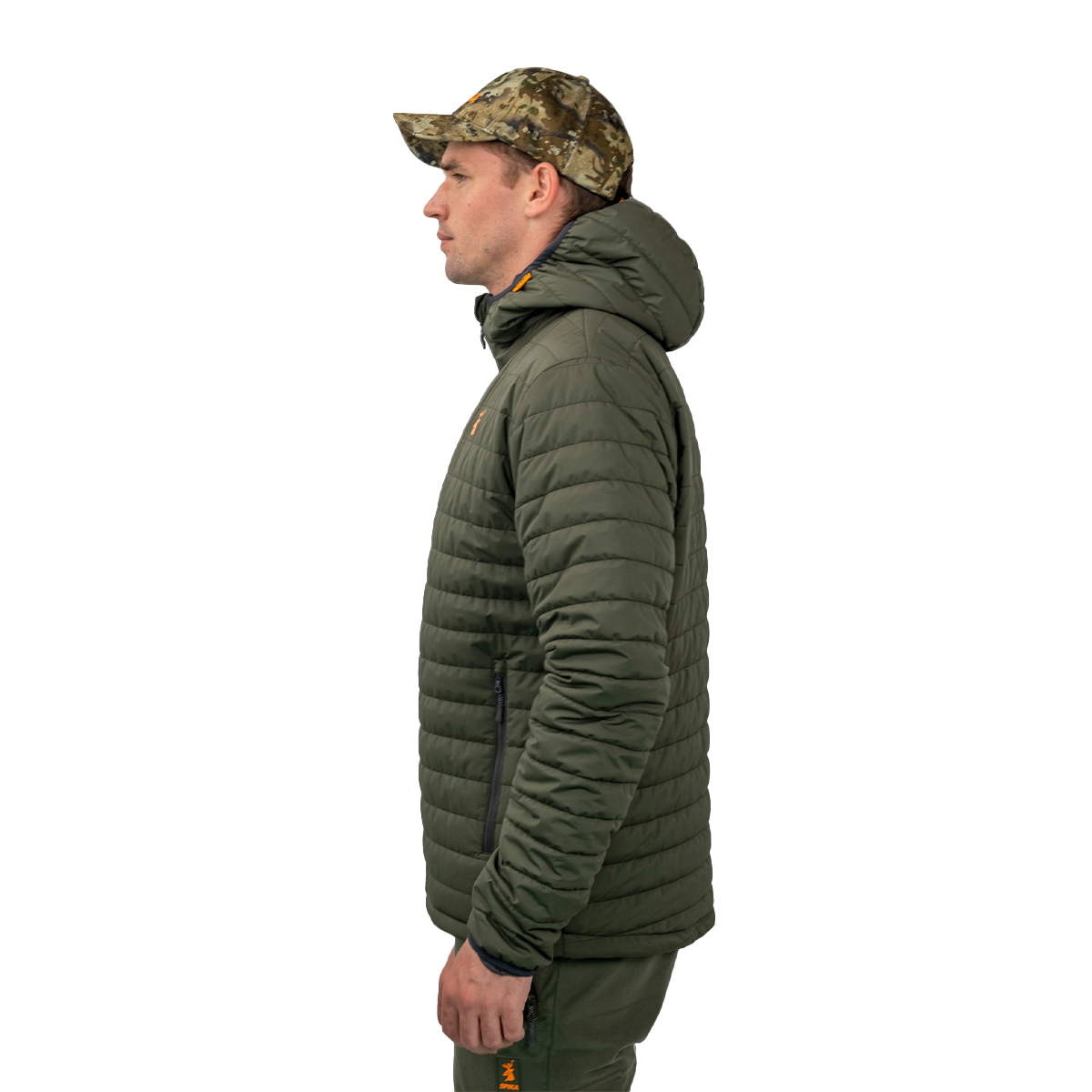 Model wearing the Spika Chase men's Olive quilted puffer jacket, side profile view