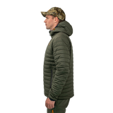 Model wearing the Spika Chase men's Olive quilted puffer jacket, side profile view