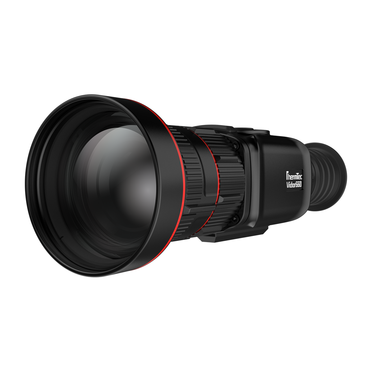 ThermTec Vidar 660 2.0 thermal compact scope, front three-quarter view of objective lens and side branding
