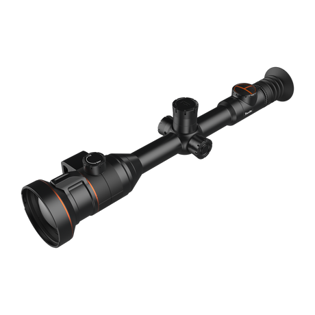 ThermTec Ares-LRF 360L 2.0 thermal tube scope, three-quarter view from objective lens end