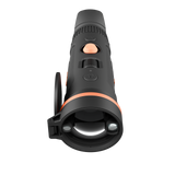 ThermTec Wild 650L Pro thermal monocular, front view of the objective lens and built-in rangefinder ports