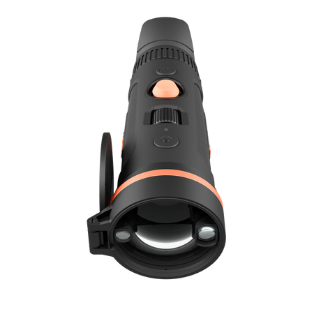 ThermTec Wild 650L Pro thermal monocular, front view of the objective lens and built-in rangefinder ports