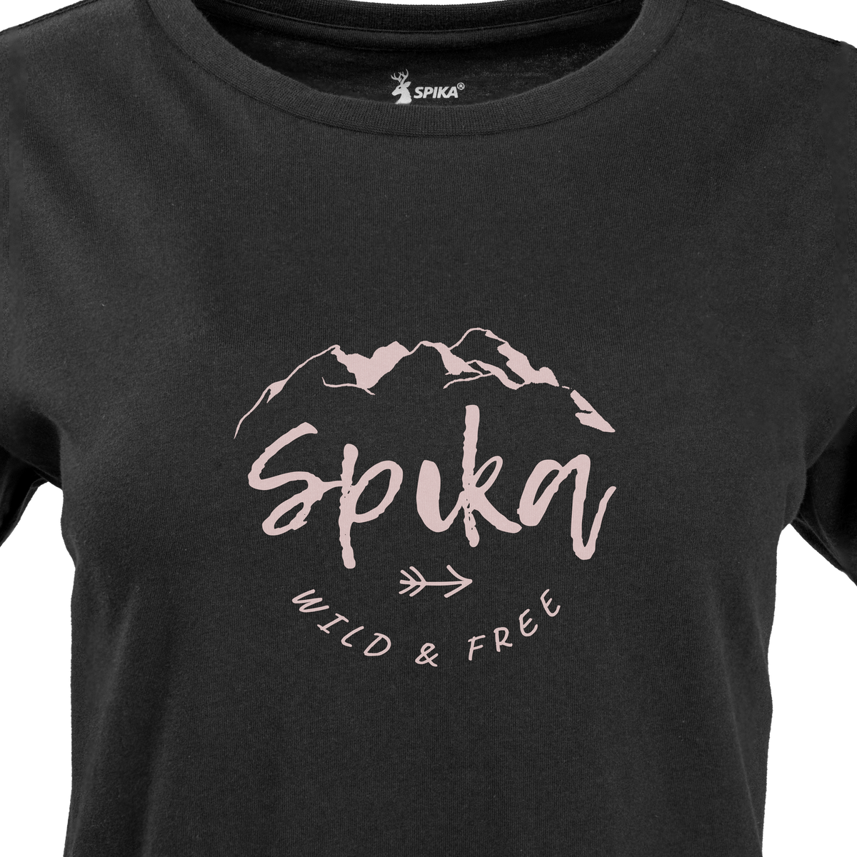 Close-up of the pink mountain Spika Wild & Free script print on the GO Nomadic women's black T-shirt
