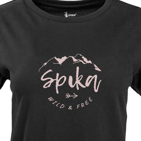 Close-up of the pink mountain Spika Wild & Free script print on the GO Nomadic women's black T-shirt
