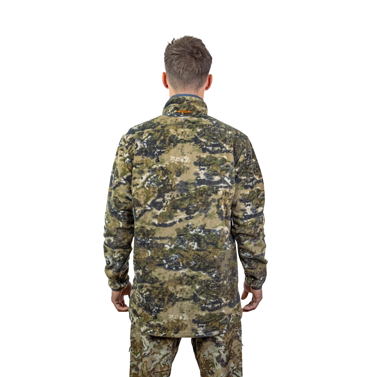 Model wearing the Spika Basecamp men's Biarri Camo fleece jumper, back view