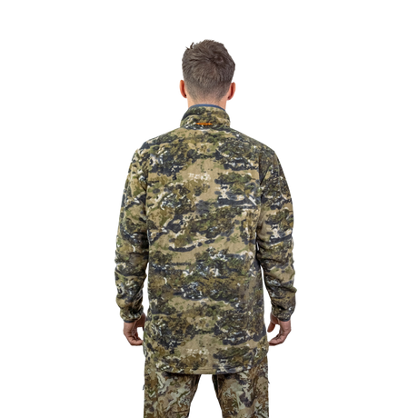 Model wearing the Spika Basecamp men's Biarri Camo fleece jumper, back view