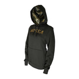 Spika GO Advance women's black hoodie, three-quarter view showing camo hood lining and front pocket