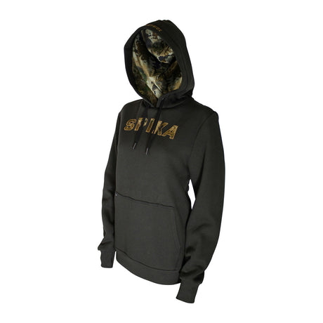 Spika GO Advance women's black hoodie, three-quarter view showing camo hood lining and front pocket