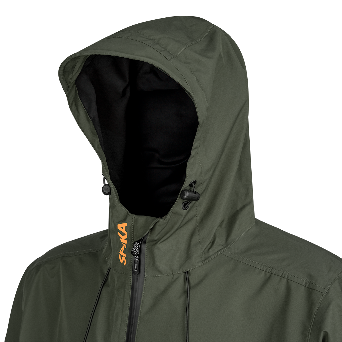 Spika Scout men's jacket in Olive, close-up of the adjustable hood, toggles and Spika collar logo