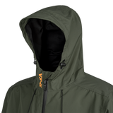 Spika Scout men's jacket in Olive, close-up of the adjustable hood, toggles and Spika collar logo
