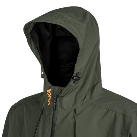 Spika Scout men's jacket in Olive, close-up of the adjustable hood, toggles and Spika collar logo