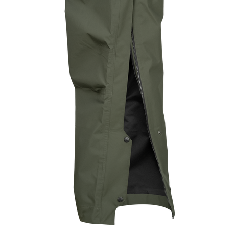 Spika Scout men's pull-on pants in Olive, close-up of the unzipped lower leg with snap closures