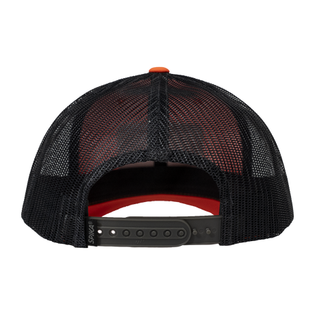 Spika Cast Antler patch trucker cap in Blaze/Charcoal, rear view of mesh and snapback strap
