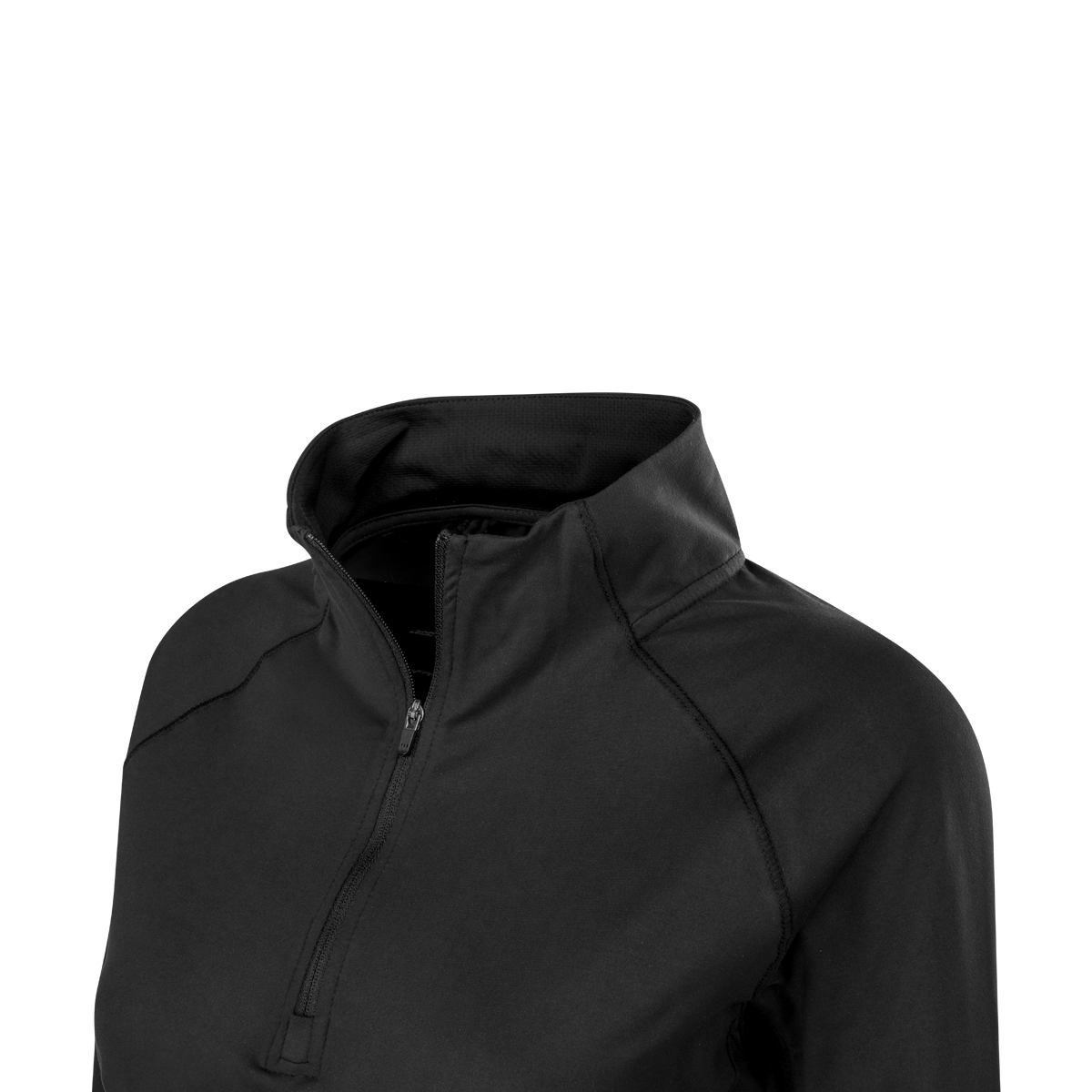 Close-up of the stand collar and half-length front zip on the Spika GO AVP women's black half-zip