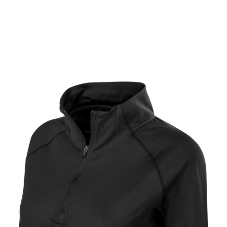 Close-up of the stand collar and half-length front zip on the Spika GO AVP women's black half-zip