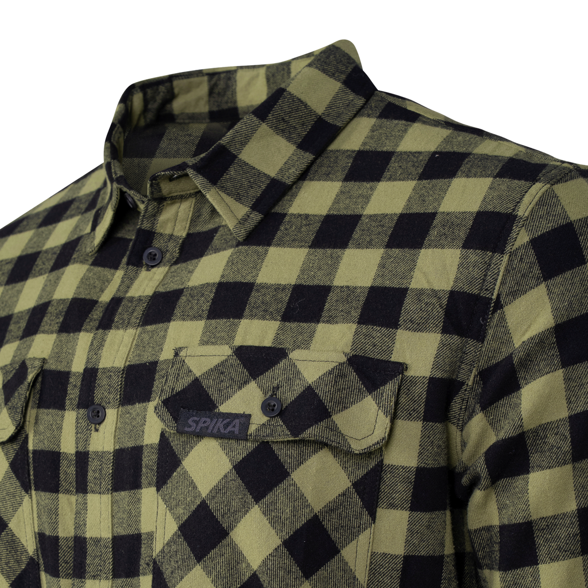 Spika men's Moss Green check flannel shirt close-up of the collar and flap pocket with Spika badge