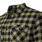 Spika men's Moss Green check flannel shirt close-up of the collar and flap pocket with Spika badge
