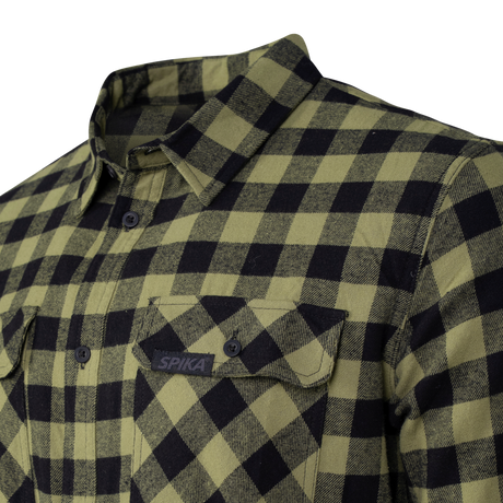 Spika men's Moss Green check flannel shirt close-up of the collar and flap pocket with Spika badge