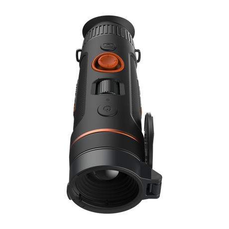ThermTec Wild 335 thermal monocular, top view from the eyepiece with lens cap open over the lens