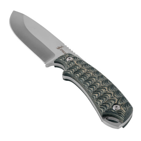 Spika Bushmaster Dogtooth hunting knife, angled view of the drop point blade and wave-textured handle