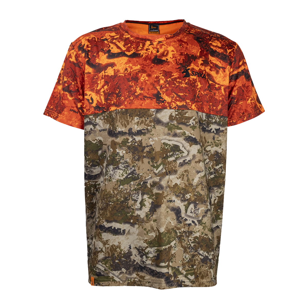 Spika Trail men's T-shirt in Biarri Blaze, flat front view showing crew neck and colour-block
