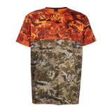 Spika Trail men's T-shirt in Biarri Blaze, flat front view showing crew neck and colour-block