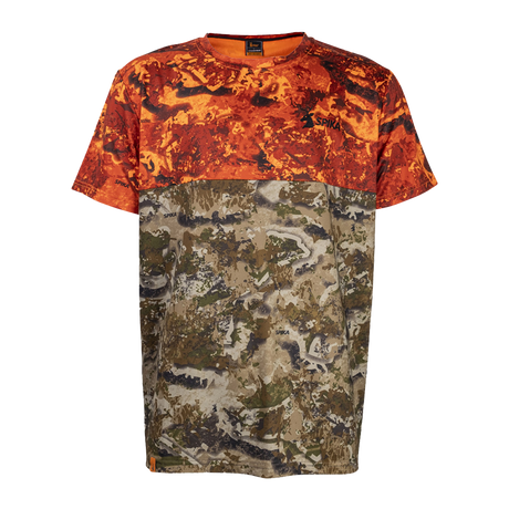 Spika Trail men's T-shirt in Biarri Blaze, flat front view showing crew neck and colour-block