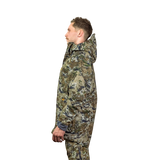 Man modelling the Spika Stalker men's hunting jacket in Biarri Camo, side profile view