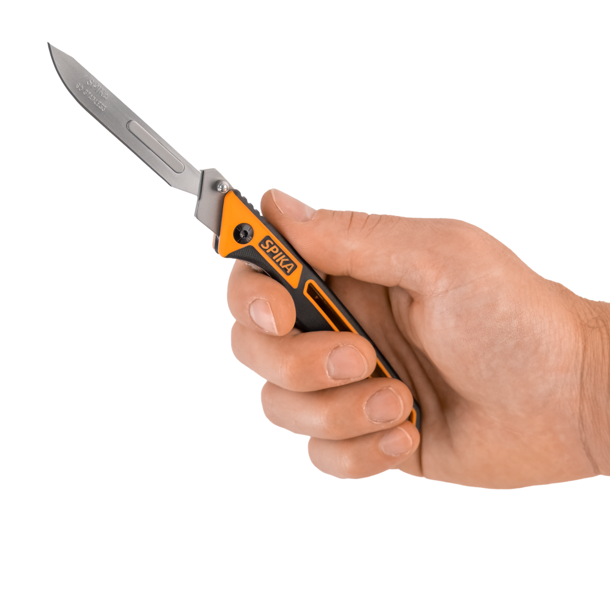 Spika Command folding scalpel opened and held in hand to show the compact handle and blade size