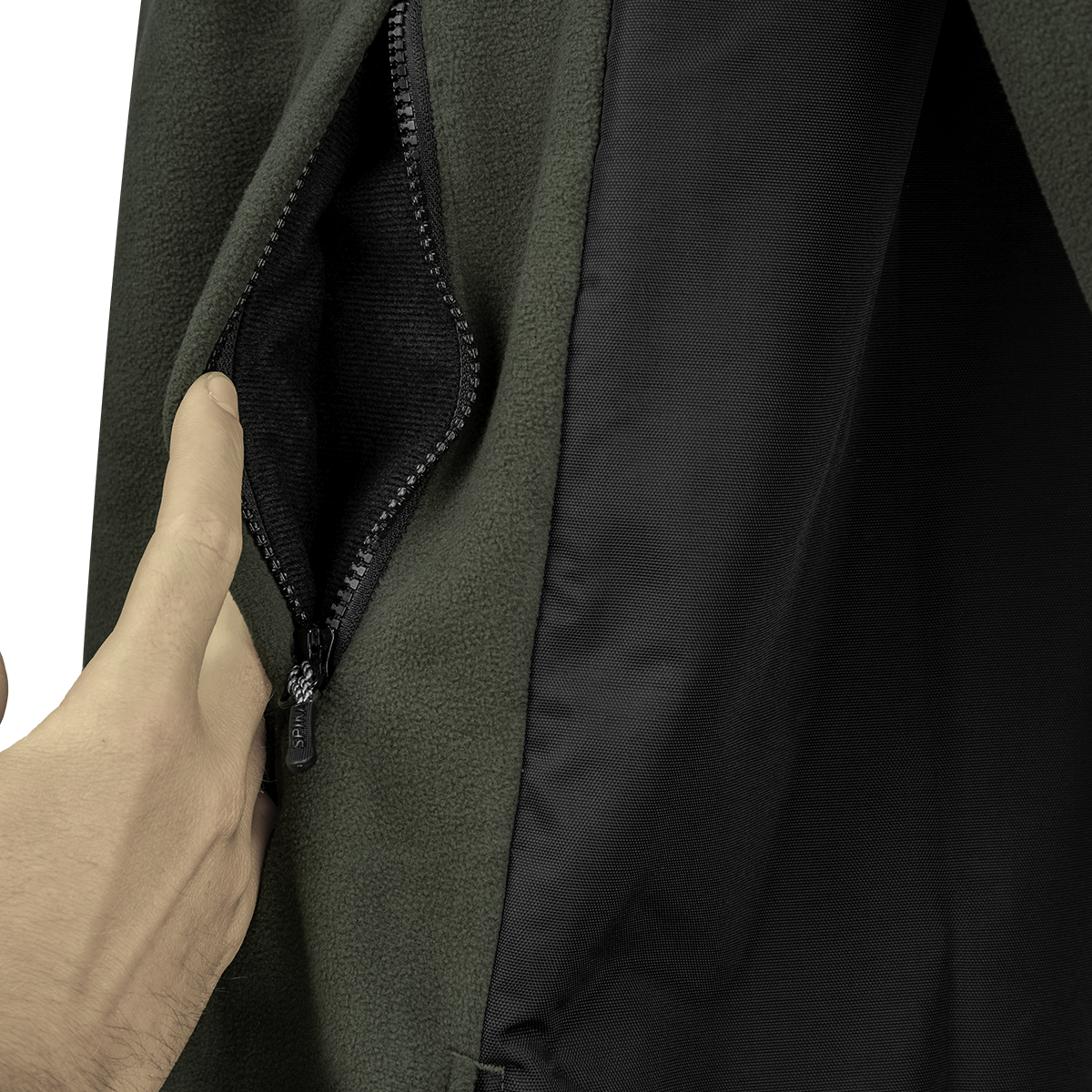 Spika Highpoint men's zip-through jacket in Olive, close-up of the fleece-lined side pocket