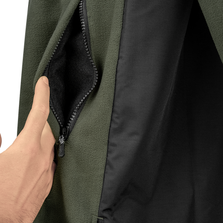 Spika Highpoint men's zip-through jacket in Olive, close-up of the fleece-lined side pocket