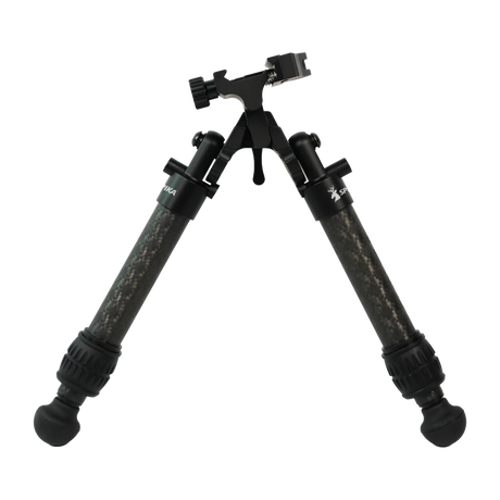 Spika Velocity Carbon Bipod 7-10in tilted, showing the picatinny clamp and tilt lever