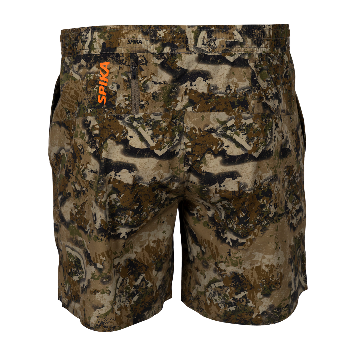 Spika GO Arid men's quick dry shorts in Biarri Camo, back view with zip pocket and orange SPIKA logo