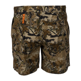 Spika GO Arid men's quick dry shorts in Biarri Camo, back view with zip pocket and orange SPIKA logo