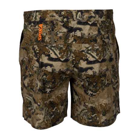 Spika GO Arid men's quick dry shorts in Biarri Camo, back view with zip pocket and orange SPIKA logo