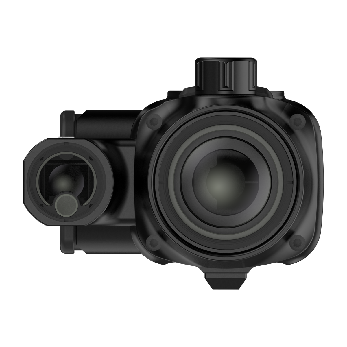 ThermTec Vidar-LRF 335L 2.0 thermal compact scope, front end-on view of lens and rangefinder window