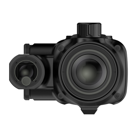 ThermTec Vidar-LRF 335L 2.0 thermal compact scope, front end-on view of lens and rangefinder window