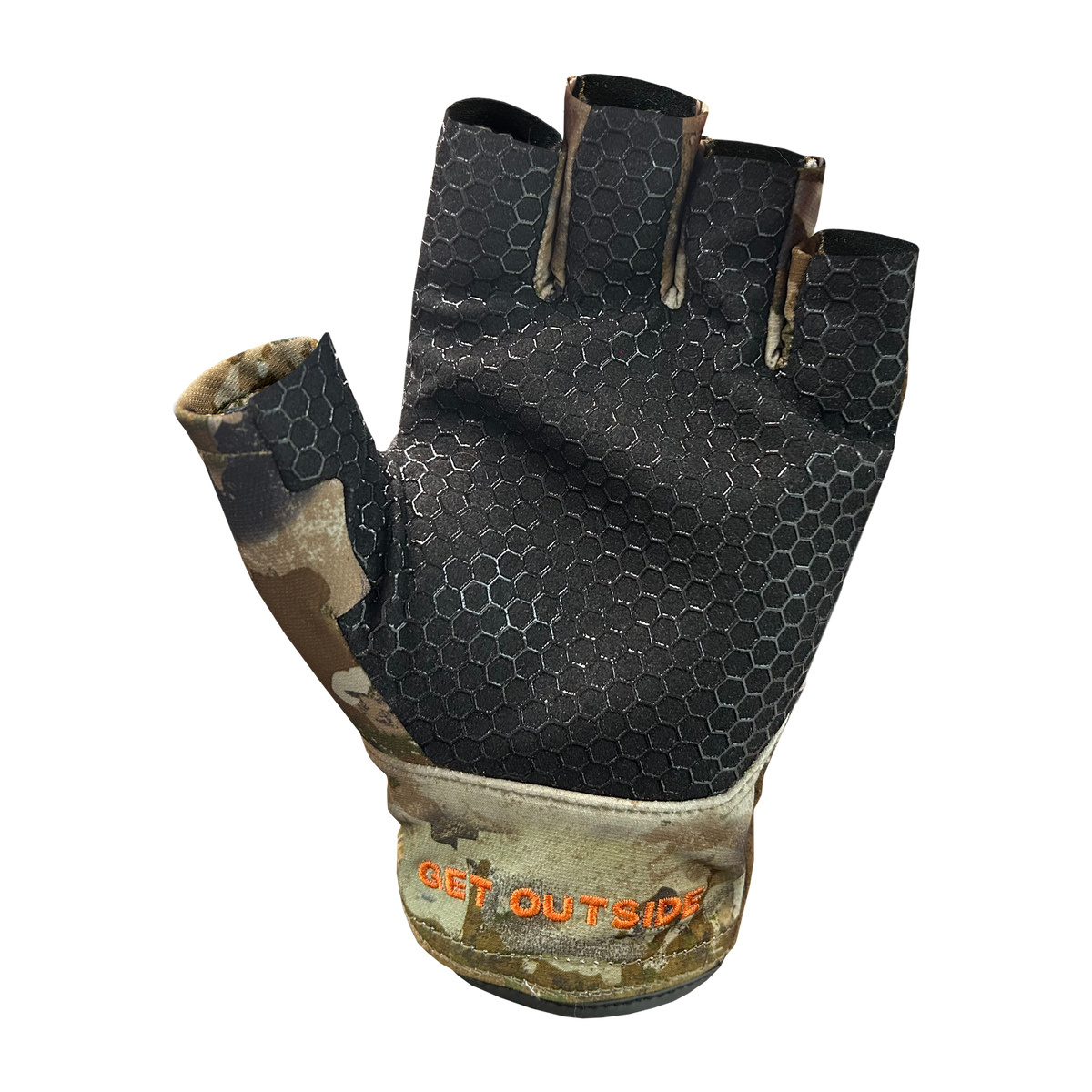 Spika Precision men's fingerless gloves in Biarri Camo, palm view with grip print and GET OUTSIDE