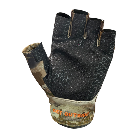 Spika Precision men's fingerless gloves in Biarri Camo, palm view with grip print and GET OUTSIDE