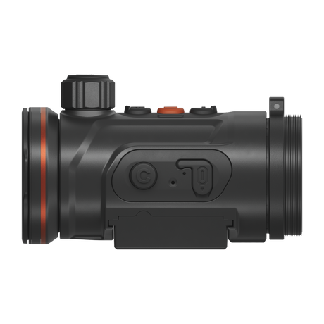 ThermTec Hunt Pro 650 thermal clip-on, side profile of power and function buttons above rail mount