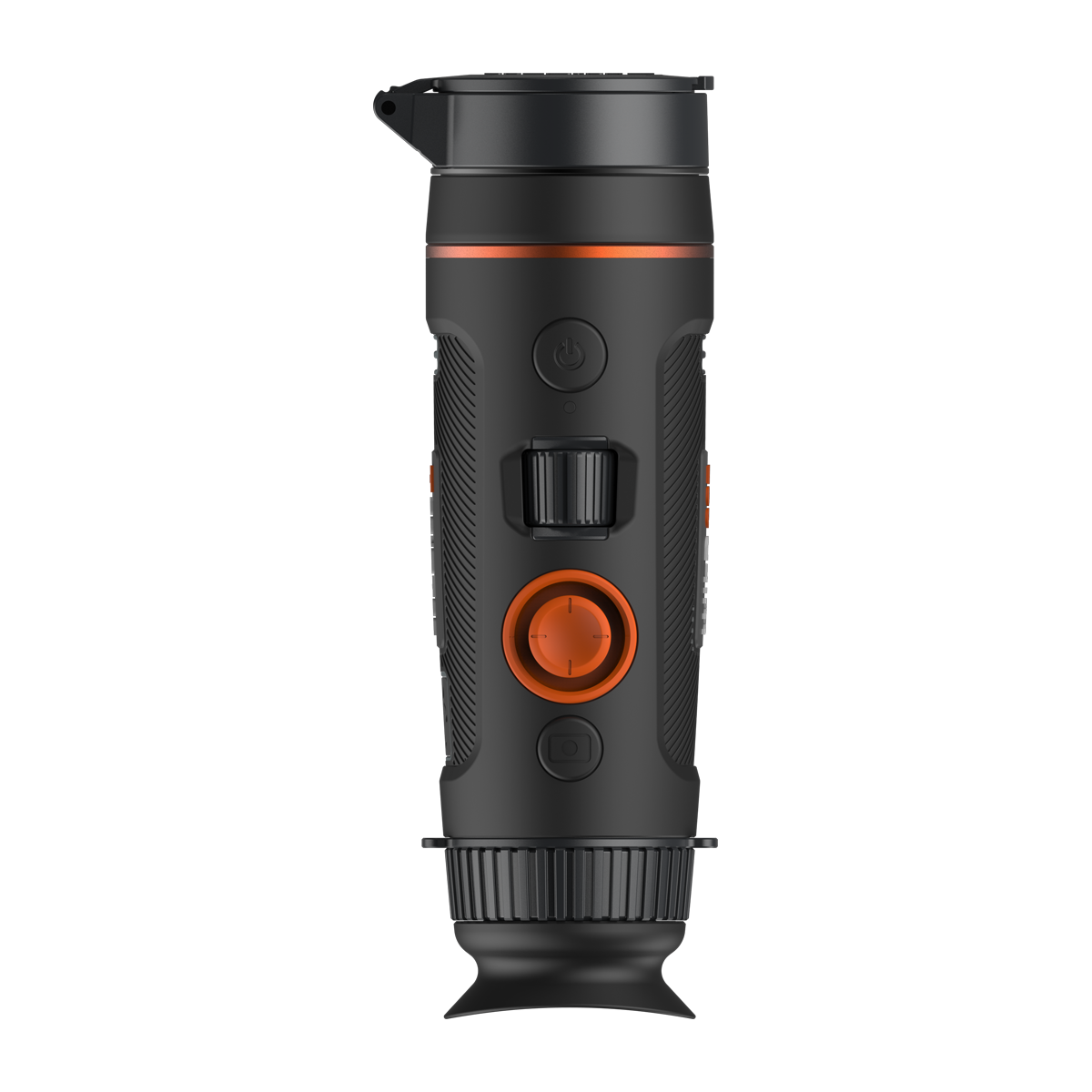 ThermTec Wild 335 thermal monocular, top view of orange control button, scroll wheel and eyecup