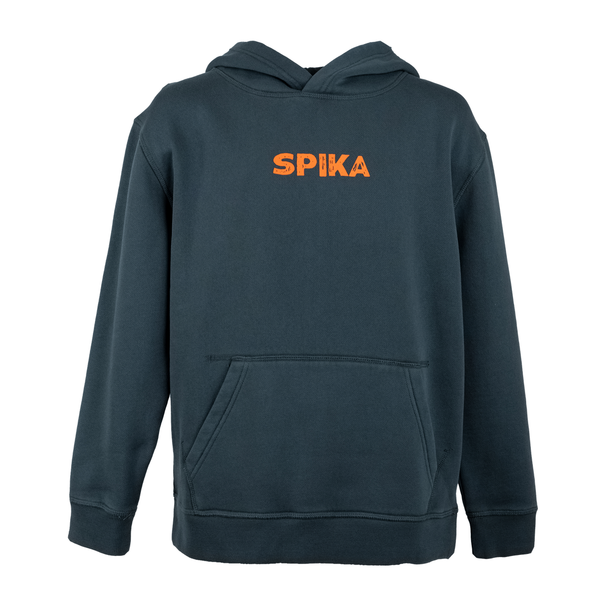 Spika Red Stag men's hoodie in Washed Pine, front view with orange Spika chest logo and kangaroo pocket