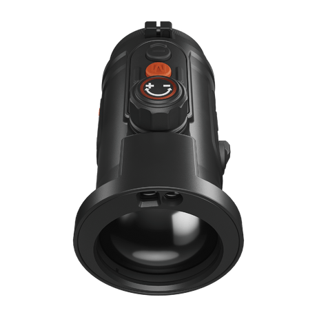 ThermTec Hunt Pro 635L thermal clip-on, front view looking into the objective lens past the control knob