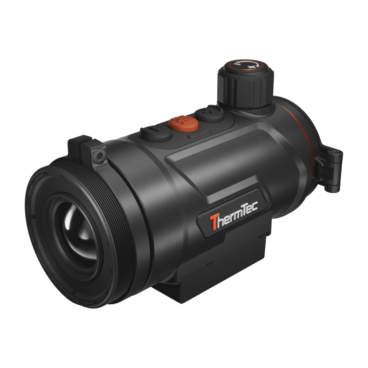 ThermTec Hunt Pro 635 thermal clip-on, three-quarter view of rear adaptor end and ThermTec logo