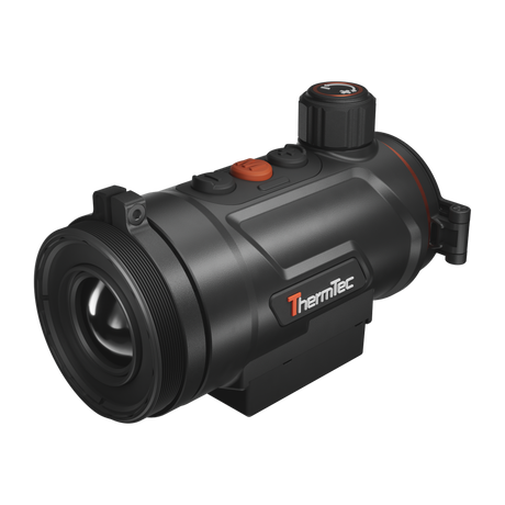 ThermTec Hunt Pro 635 thermal clip-on, three-quarter view of rear adaptor end and ThermTec logo