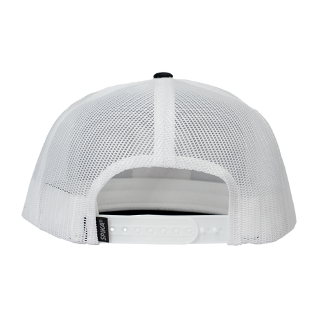 Spika High Country Sambar patch trucker cap in Black/White, rear view of mesh and snapback