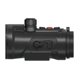 ThermTec Hunt Pro 650L thermal clip-on, side view of controls and Picatinny-style rail mount