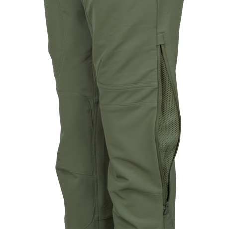 Spika Recon women's pants in Ivy Green, close-up of knee panels and open mesh side leg vent