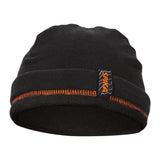 Spika black fleece beanie with orange overlock stitching and Spika tag from the men's 5 Piece Box Pack